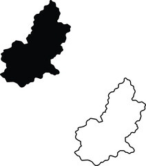 A black silhouette and an outline drawing of a rounded irregular landmass map