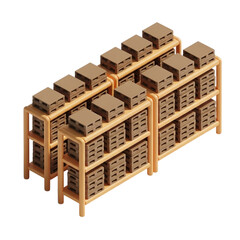 Isometric 3D Warehouse Shelves with Pastel Orange Racks Holding Stacked Brown Cardboard Pallets