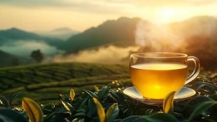 On this warm morning, I sip fragrant tea while gazing at serene mountains and vibrant tea fields, appreciating natures beauty that fills my heart with peace and inspiration, enhancing my day with joy