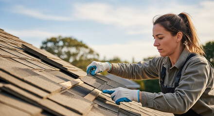 Roof repair in progress with focused worker replacing shingles on house rooftop. Roof repair requires professional skills and experience to ensure quality and longevity.