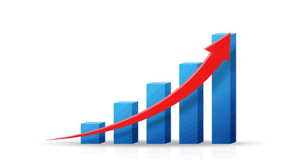 Red arrow curves upward over rising blue bar graph, symbolizing positive financial growth and success.
