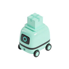 &ldquo;Cute pastel mint autonomous robot delivery cart carrying package &ndash; isometric 3D toy-like smart logistics robot illustration&rdquo;