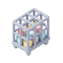 Isometric 3D Pastel Gray Rolling Cage Trolley with Parcels in Toy-Like Rounded Style for Logistics Illustration