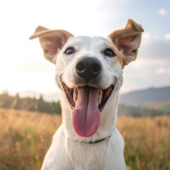 Happy dog with tongue out, golden light