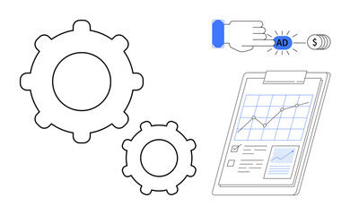 Gears highlight processes, a hand clicks an ad button, and a clipboard displays analytics. Ideal for marketing, process automation, analytics, business growth, data-driven strategies, online