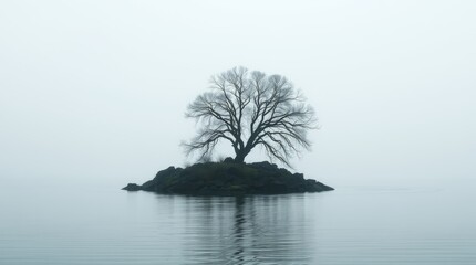 Solitary Tree on a Misty Lake Island_5