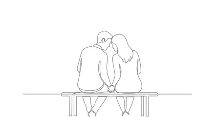 Loving Couple Sitting Together on a Bench, Holding Hands, in One Line Art Style, Isolated White Background