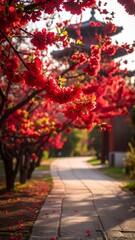 Naklejka premium Red blossoms line a path leading to a pagoda