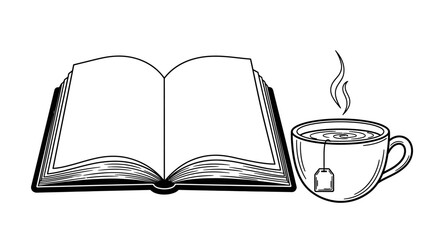 Open Book and Steaming Cup of Tea, Cozy Reading Moment on Isolated White Background