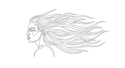 Woman Profile with Long Hair Flowing Dynamically, Free and Expressive, Isolated White Background