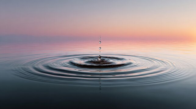 Water drop creating ripples in calm water at sunset