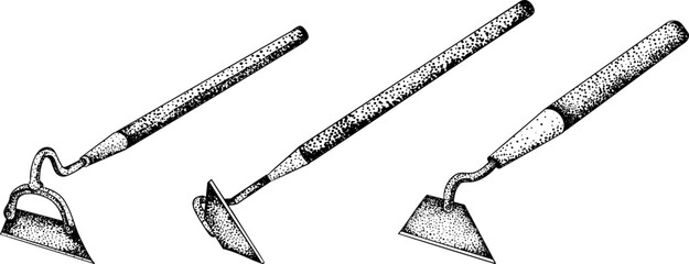 Intricate black-and-white engraving of three garden hoes with detailed dot patterns, perfect for farming, gardening, or rustic design projects.
