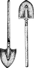 Intricate black-and-white engraving of three garden hoes with detailed dot patterns, perfect for farming, gardening, or rustic design projects.