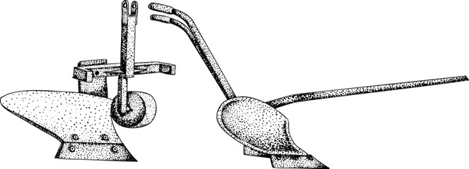 Intricate black-and-white engraving of two plows with detailed dot patterns, ideal for farming, agriculture, or vintage tool designs.