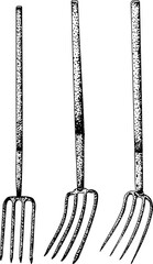 Intricate black-and-white engraving of three garden hoes with detailed dot patterns, perfect for farming, gardening, or rustic design projects.