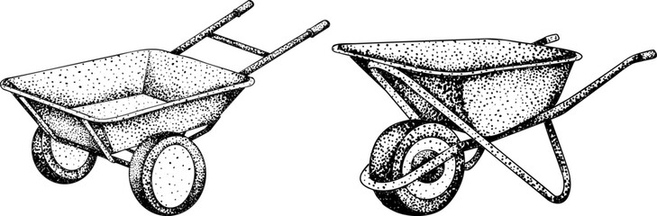 Intricate black-and-white engraving of two wheelbarrows with detailed dot patterns, perfect for gardening, farming, or rustic design projects.