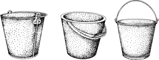 Intricate black-and-white engraving of three buckets, ideal for farm, rustic, or vintage design projects.