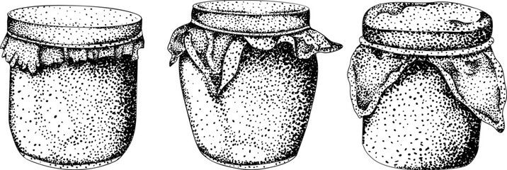Intricate black-and-white engraving of three jars with fabric lids, perfect for homemade preserves, rustic, or vintage designs.