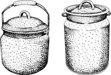 Intricate black-and-white engraving of two pots with handles and lids. Ideal for kitchen, rustic, or vintage designs.