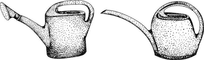 Intricate black-and-white engraving of two watering cans, perfect for gardening, nature, or rustic design projects