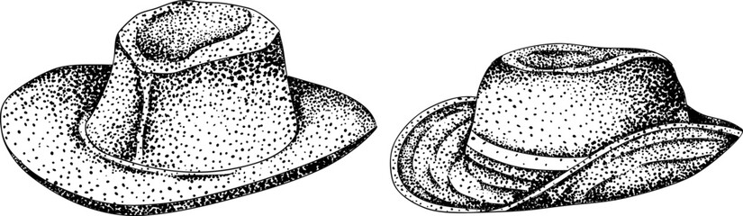 Intricate black-and-white engraving of two cowboy hats, ideal for western, rustic, or vintage design projects.
