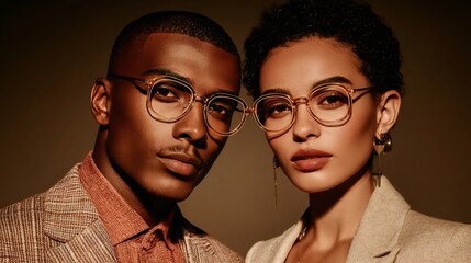 Diverse young couple posing wearing modern eyeglasses