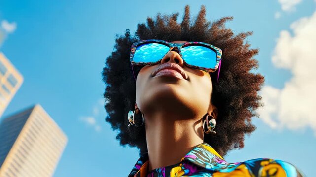 Individual with afro hairstyle gazing upwards, adorned with striking reflective eyewear and vivid patterned shirt, bathed in sunlight against expansive blue sky