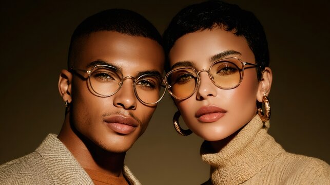 Stylish couple wearing modern eyewear looking at camera