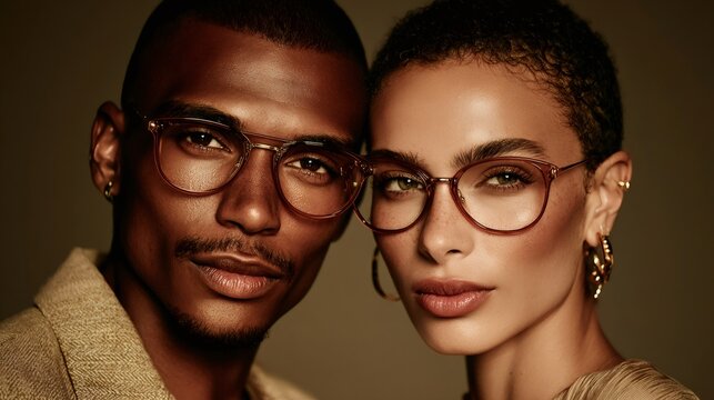 Diverse couple posing wearing stylish eyeglasses together