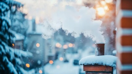 Warm vapor ascending from snow-covered rooftop flue amidst frosty environment bathed in gentle twilight illumination, suggesting comfort