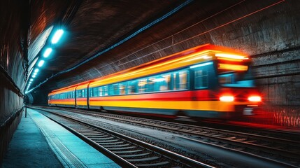 Fast train zipping through dark tunnel