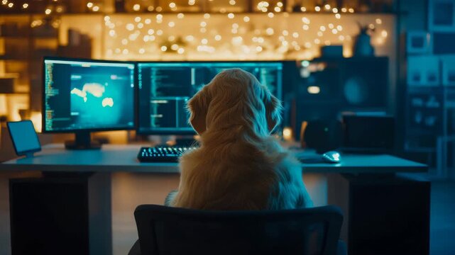 Intelligent golden retriever dog sits at modern desk, engrossed in complex dual-monitor computer workstation, illuminated by ambient warm string lights and cool screen glow