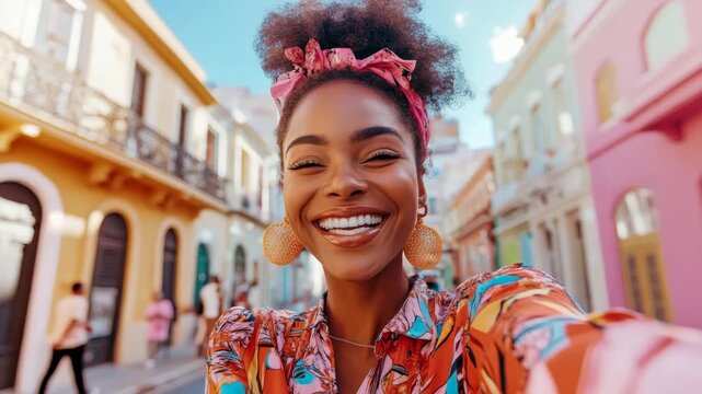 Joyful woman with radiant smile captures happy moment in sunlit, colorful streetscape