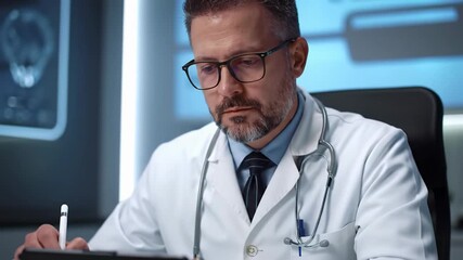 A 40s male doctor with beard & glasses in a lab coat and stethoscope, uses a stylus on a digital tablet at a desk, focused on medical data, blurred futuristic clinic. Concept of modern healthcare - Powered by Adobe
