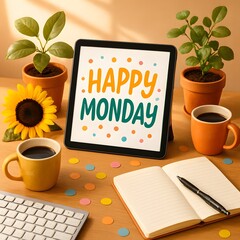 Happy monday tablet desk scene with cheerful greeting, coffee mugs, sunflower, potted plants, open notebook and pen, confetti dots and warm morning light for lifestyle and productivity use