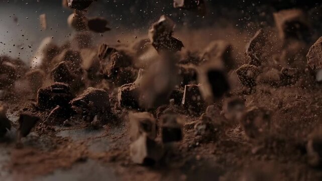 Exploding composition of dark brown objects and powder in a dynamic, high-speed photography