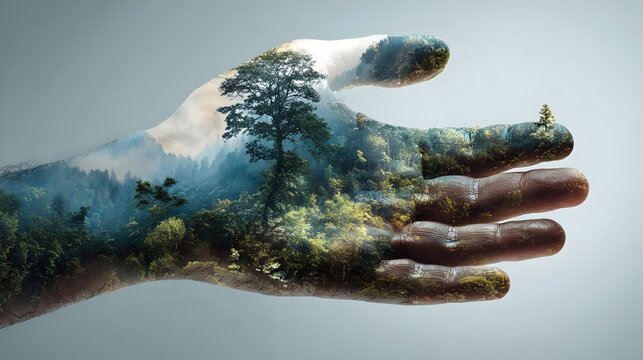 hand holding a nature landscape for World Environment Day. Concept: Environment, sustainability, nature protection, ecology, Earth care, conservation, eco-awareness, green living, global responsibilit - Powered by Adobe