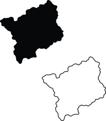 Generic rounded black silhouette alongside its matching outline portraying a undefined geographical territory on white