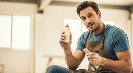 Man holding adhesive in bright, high quality woodworking workshop. High quality craftsmanship and adhesive application ensures durability of wood project.