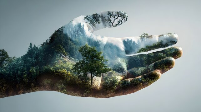 hand holding a nature landscape for World Environment Day. Concept: Environment, sustainability, nature protection, ecology, Earth care, conservation, eco-awareness, green living, global responsibilit