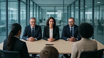 Smiling Business Panel Interviewing a Candidate in a Modern Corporate Office Setting