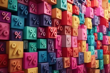 This vibrant wall features colorful blocks each displaying a percentage symbol. The display is an artistic arrangement that showcases creativity and design. Bright hues create a lively atmosphere