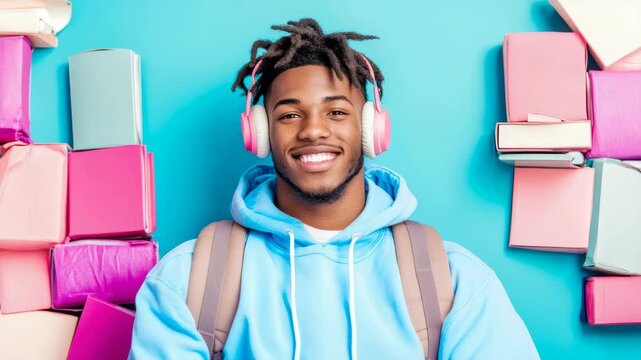 Vibrant portrait of joyful young student with dreadlocks and pink headphones, surrounded by colorful books against bright blue wall