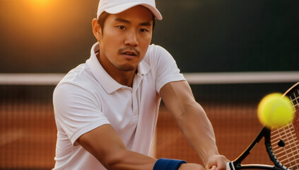 Male Tennis Player Hitting Ball on Outdoor Court During Sunset Sports Action Photography
