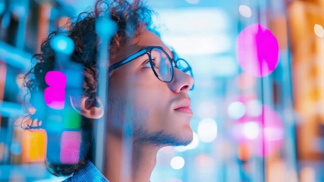 Young man in spectacles observes radiant digital display, immersed in futuristic illuminated environment