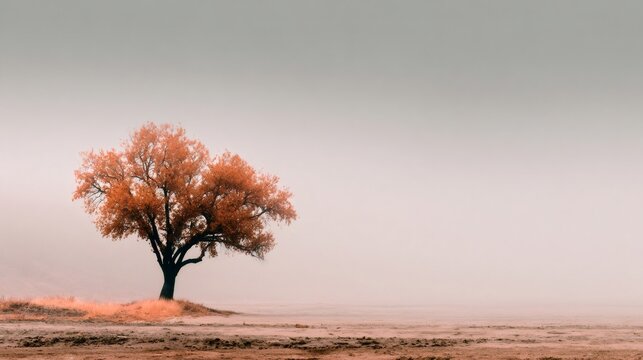 Solitary autumn tree standing in foggy landscape