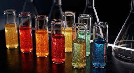 Colorful liquids in glass vials shine with light and reflection in a lab setting