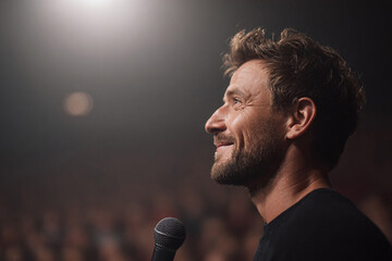 Confident speaker addressing a crowd. Man on stage with microphone, illuminated by spotlight. Ideal for presentations, events, and public speaking concepts.