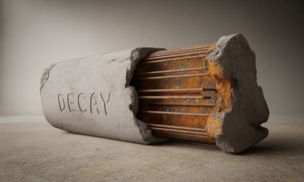 Concrete pillar, crumbling to reveal rusted metal rebar, etched with "DECAY