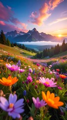 Obraz premium A vibrant alpine meadow with flowers and mountains at sunset